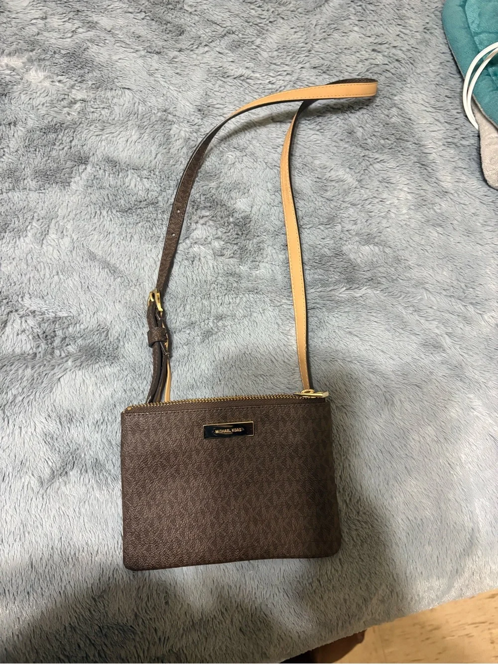Michael Kors Dark Brown Leather Zip Card Wallet with Gold Plaque waistband